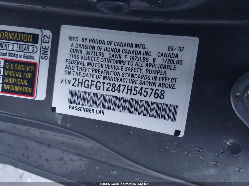 2007 Honda Civic Ex VIN: 2HGFG12847H545768 Lot: 43764260