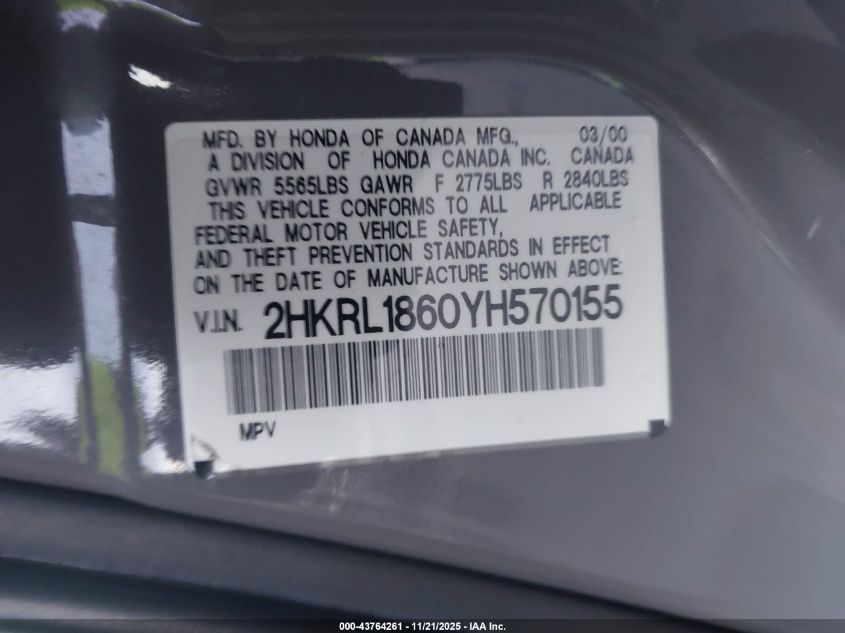 2000 Honda Odyssey Ex VIN: 2HKRL1860YH570155 Lot: 43764261