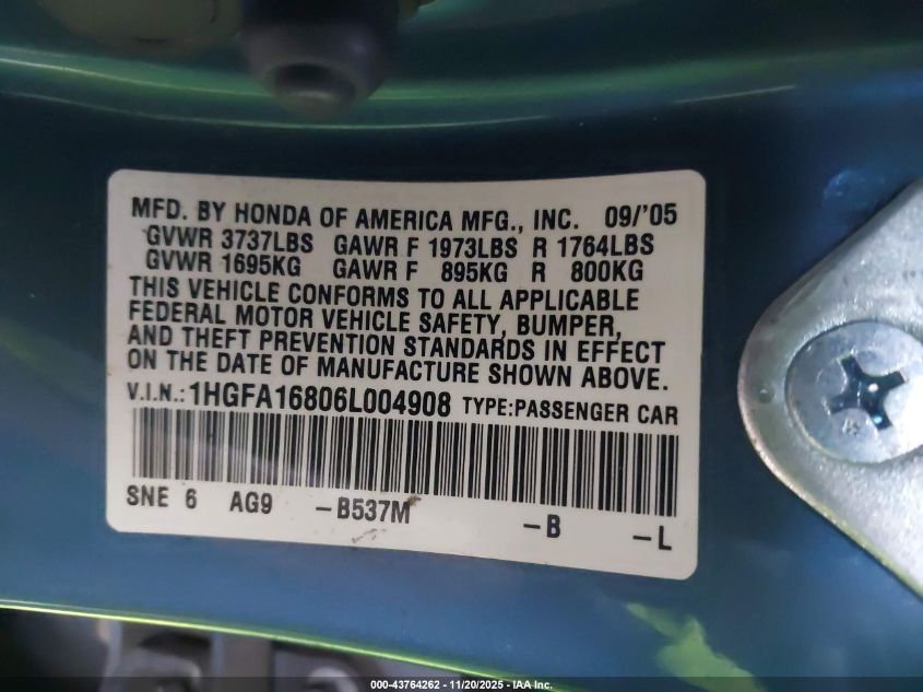 2006 Honda Civic Ex VIN: 1HGFA16806L004908 Lot: 43764262