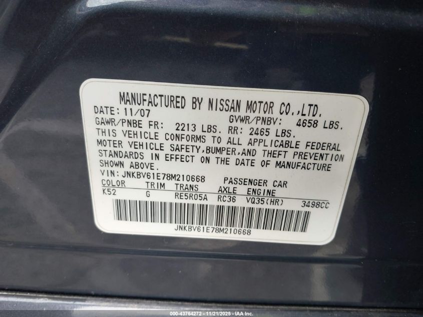 2008 Infiniti G35 Journey VIN: JNKBV61E78M210668 Lot: 43764272