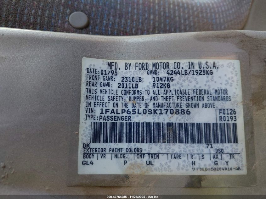 1995 Ford Contour Gl VIN: 1FALP65L0SK170886 Lot: 43764285