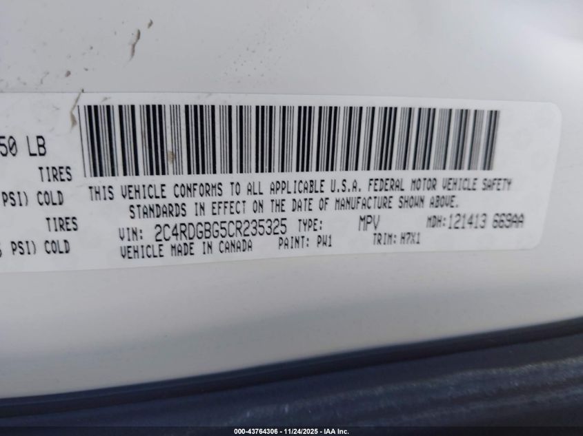 2012 Dodge Grand Caravan Se/Avp VIN: 2C4RDGBG5CR235325 Lot: 43764306