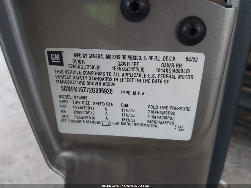 2002 Chevrolet Suburban 1500 Z71 VIN: 3GNFK16Z72G306926 Lot: 43764317