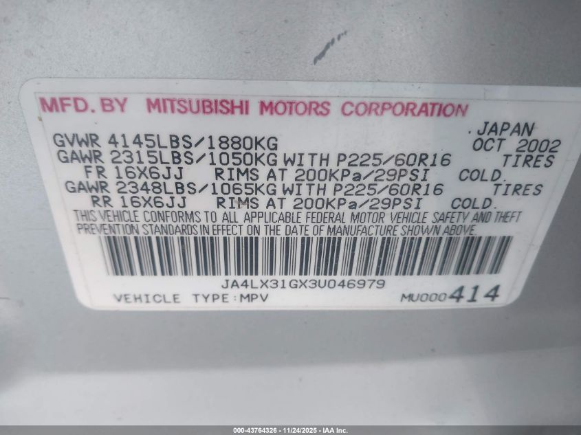 2003 Mitsubishi Outlander Ls VIN: JA4LX31GX3U046979 Lot: 43764326