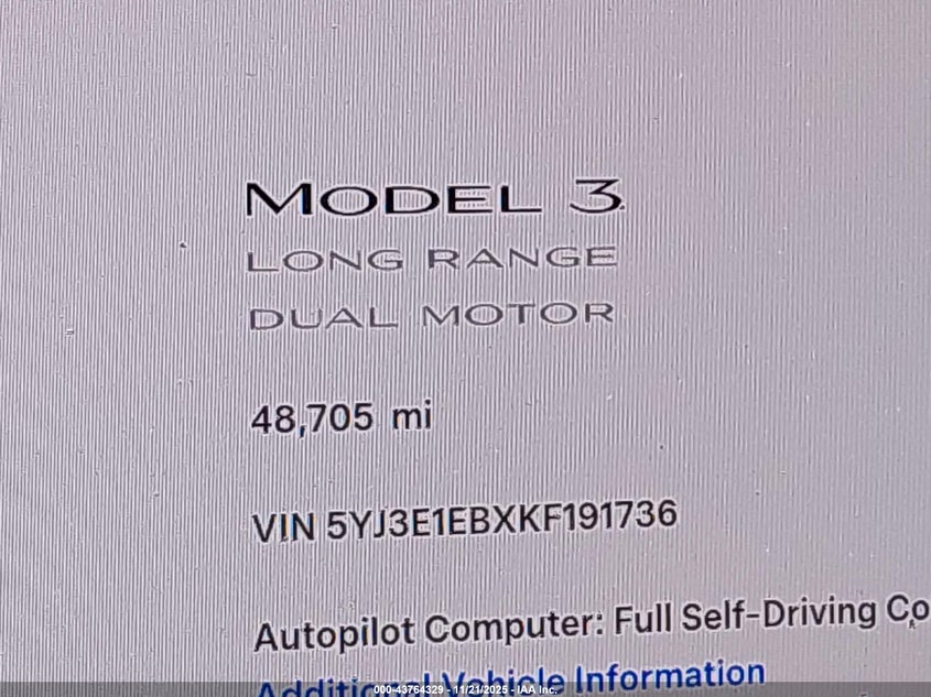 2019 Tesla Model 3 Long Range/Performance VIN: 5YJ3E1EBXKF191736 Lot: 43764329