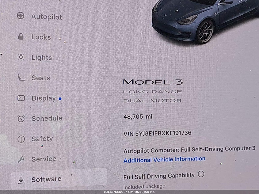 2019 Tesla Model 3 Long Range/Performance VIN: 5YJ3E1EBXKF191736 Lot: 43764329