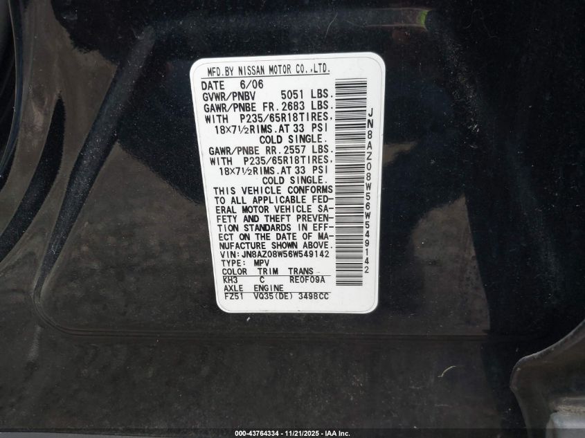 2006 Nissan Murano S VIN: JN8AZ08W56W549142 Lot: 43764334