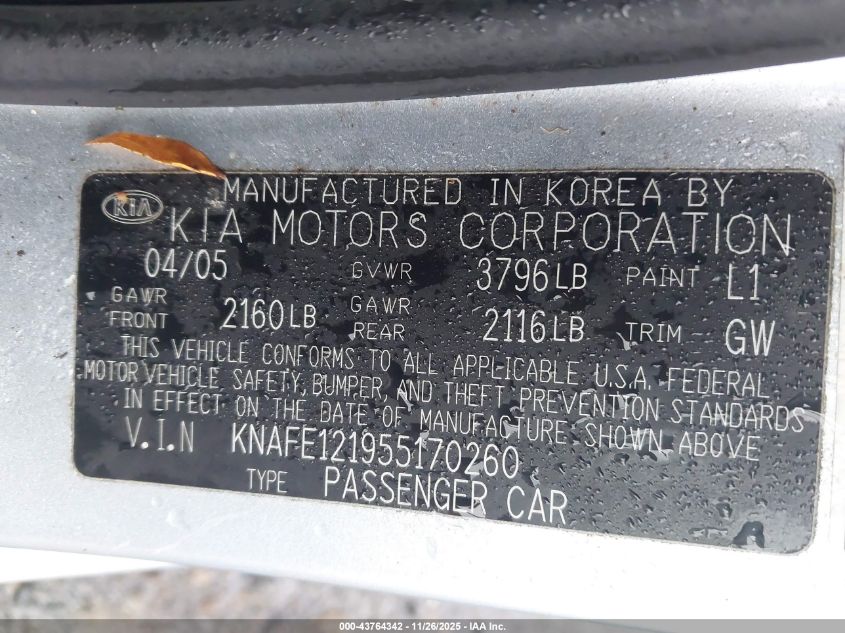 2005 Kia Spectra Ex/Lx/Sx VIN: KNAFE121955170260 Lot: 43764342