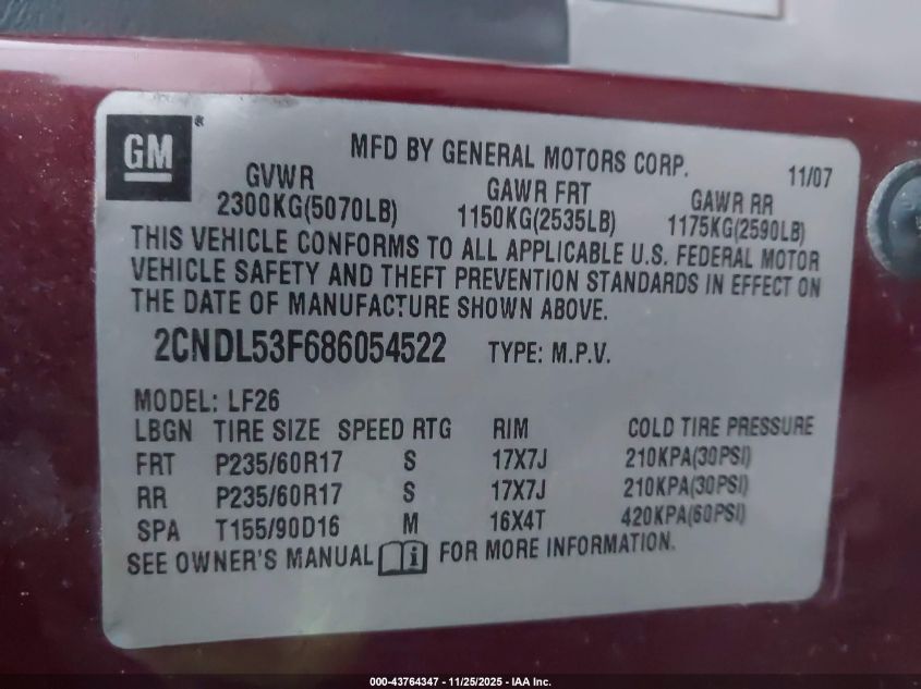 2008 Chevrolet Equinox Lt VIN: 2CNDL53F686054522 Lot: 43764347