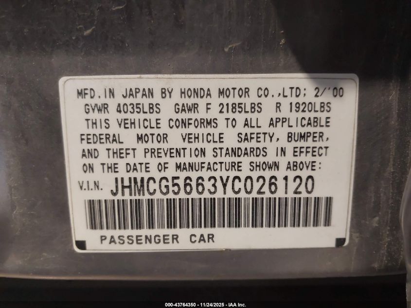 2000 Honda Accord 2.3 Ex VIN: JHMCG5663YC026120 Lot: 43764350