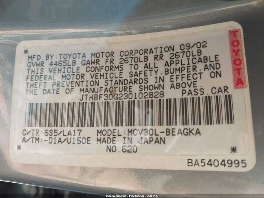 2003 Lexus Es 300 VIN: JTHBF30G230102828 Lot: 43764352