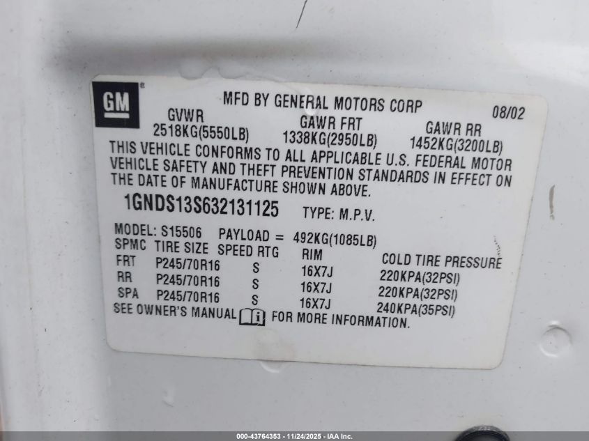 2003 Chevrolet Trailblazer Lt VIN: 1GNDS13S632131125 Lot: 43764353