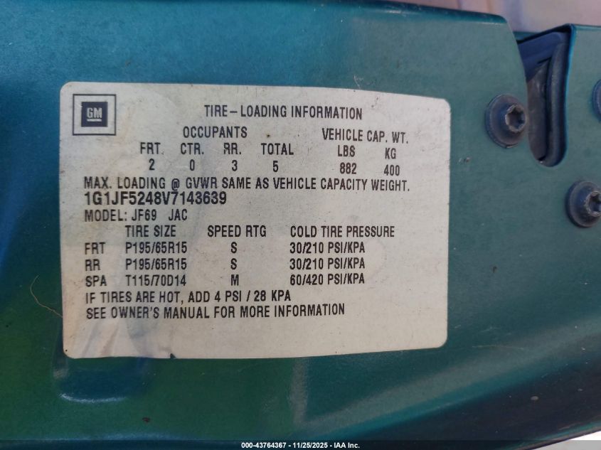 1997 Chevrolet Cavalier Ls VIN: 1G1JF5248V7143639 Lot: 43764367