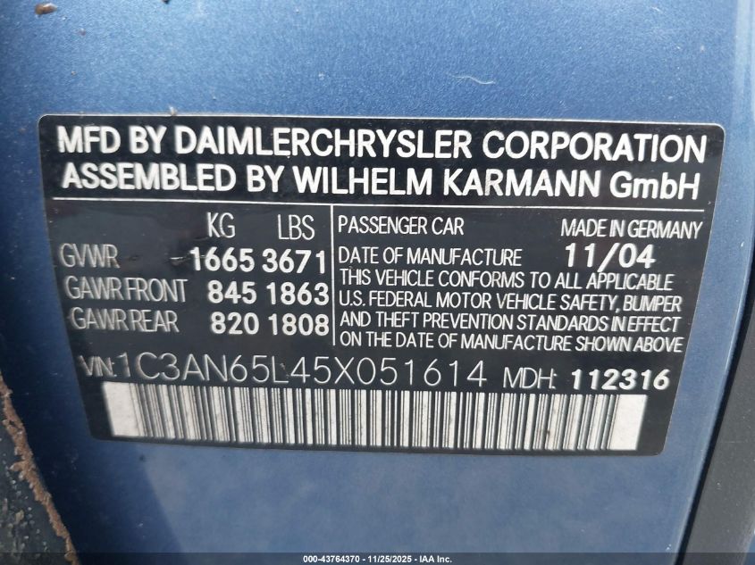 2005 Chrysler Crossfire Limited VIN: 1C3AN65L45X051614 Lot: 43764370