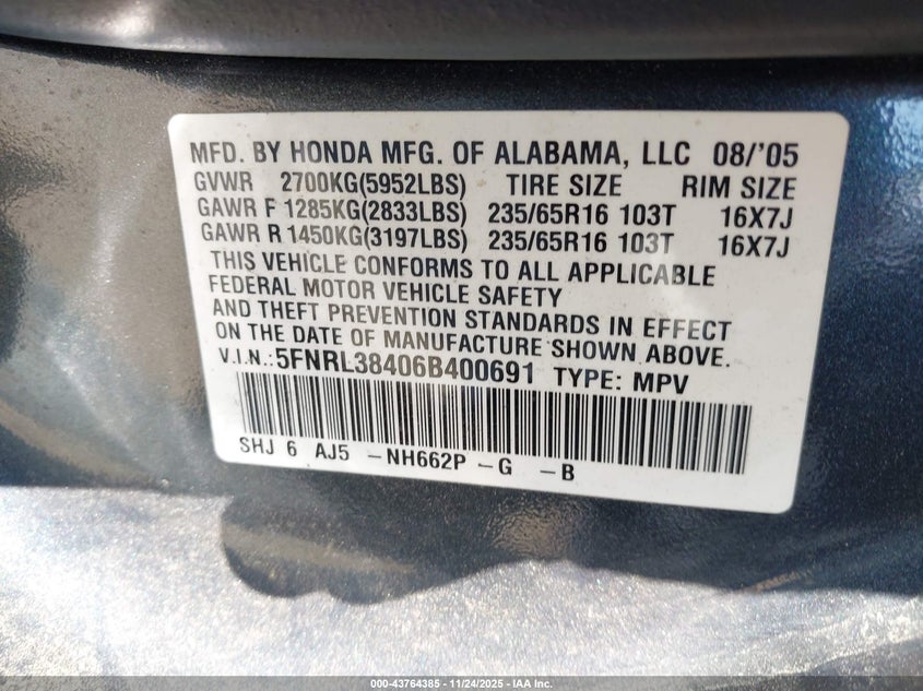 2006 Honda Odyssey Ex VIN: 5FNRL38406B400691 Lot: 43764385