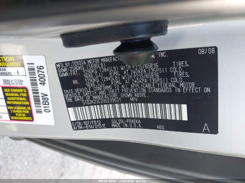 2009 Toyota Sienna Ce VIN: 5TDZK23C29S239031 Lot: 43764387