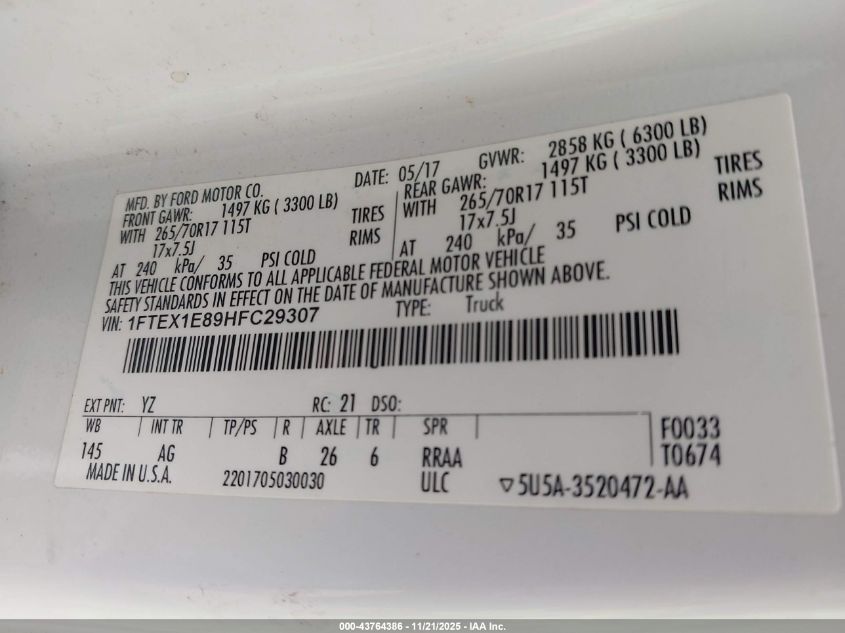 2017 Ford F-150 Xl VIN: 1FTEX1E89HFC29307 Lot: 43764386