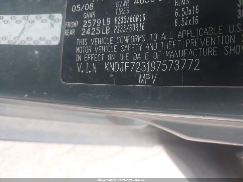 2009 Kia Sportage Ex V6 VIN: KNDJF723197573772 Lot: 43764392