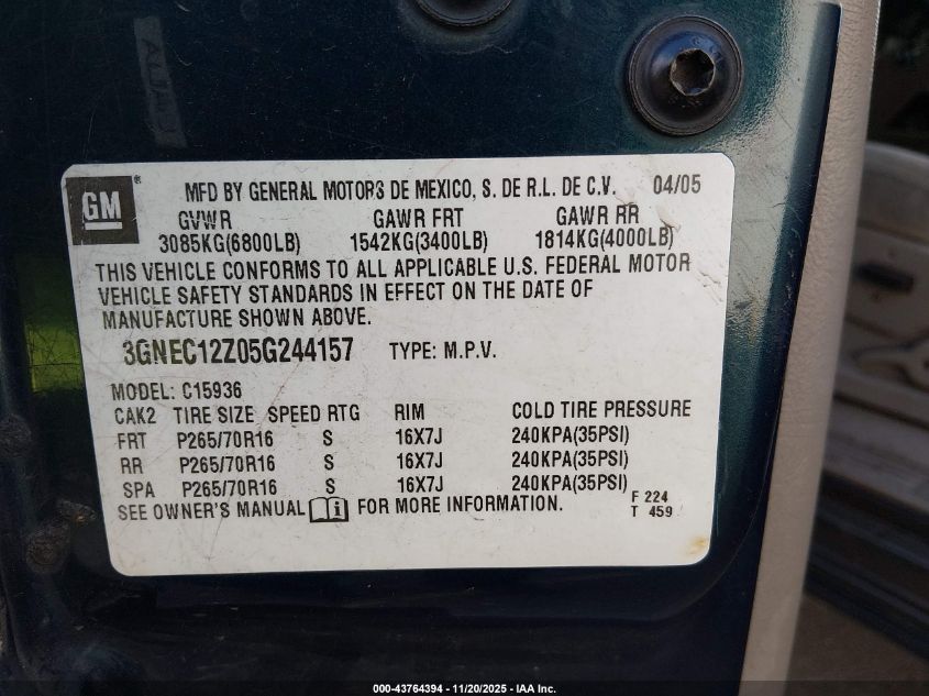 2005 Chevrolet Avalanche 1500 Ls VIN: 3GNEC12Z05G244157 Lot: 43764394