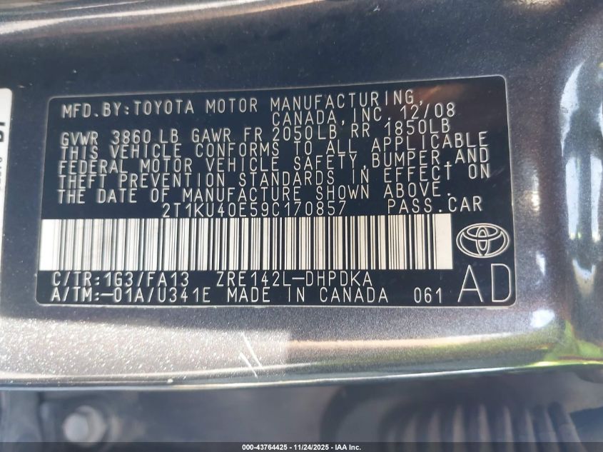 2009 Toyota Matrix VIN: 2T1KU40E59C170857 Lot: 43764425