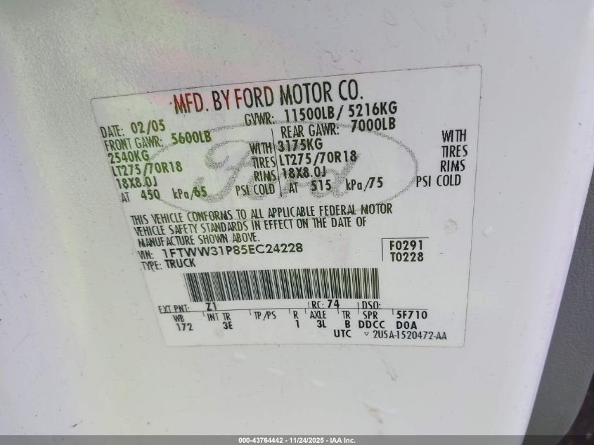 2005 Ford F-350 Lariat/Xl/Xlt VIN: 1FTWW31P85EC24228 Lot: 43764442