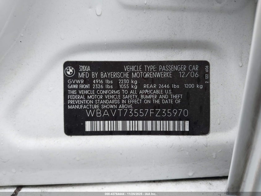 2007 BMW 328Xi VIN: WBAVT73557FZ35970 Lot: 43764444