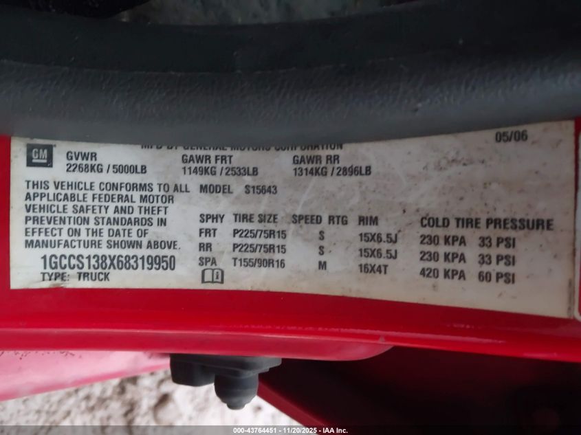 2006 Chevrolet Colorado Lt VIN: 1GCCS138X68319950 Lot: 43764451