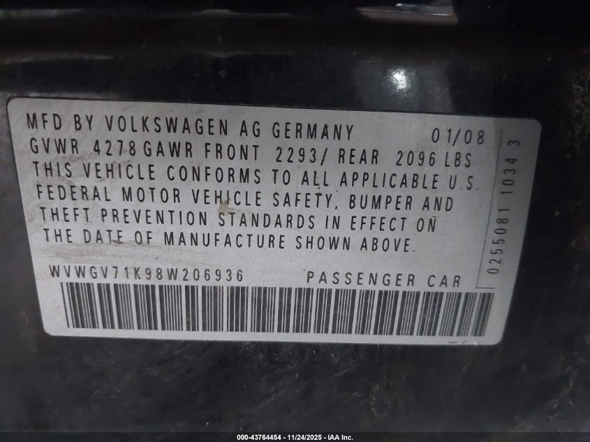 2008 Volkswagen Gti 4-Door VIN: WVWGV71K98W206936 Lot: 43764454