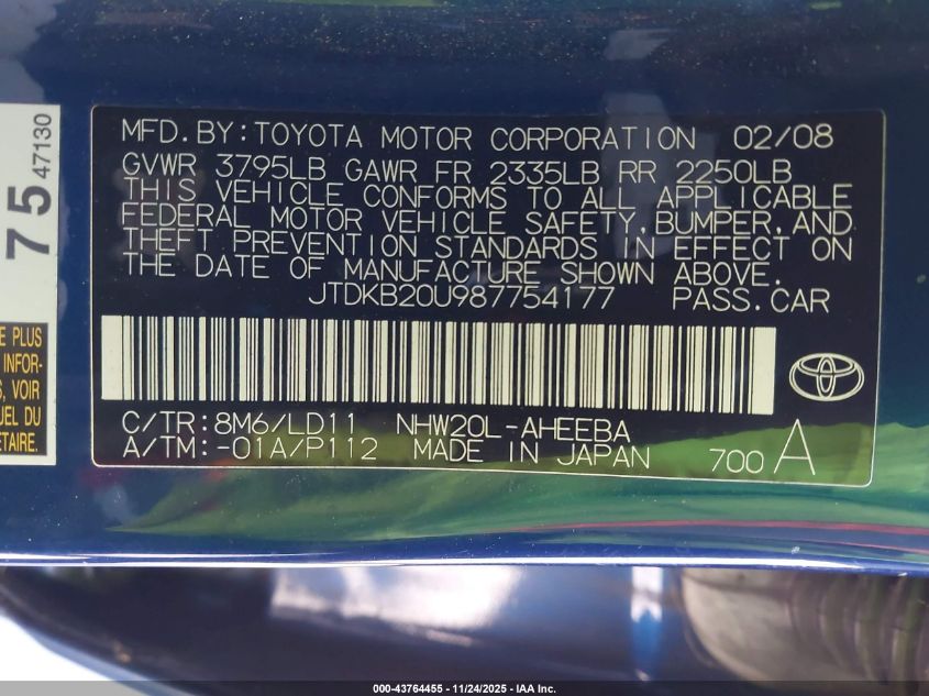 2008 Toyota Prius VIN: JTDKB20U987754177 Lot: 43764455