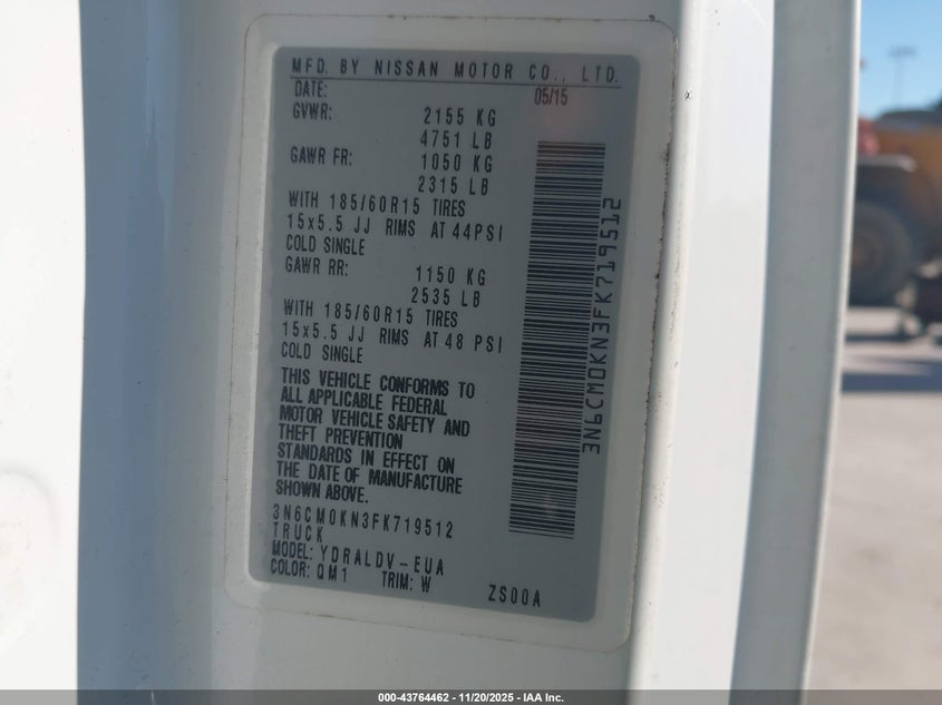 2015 Nissan Nv200 S VIN: 3N6CM0KN3FK719512 Lot: 43764462