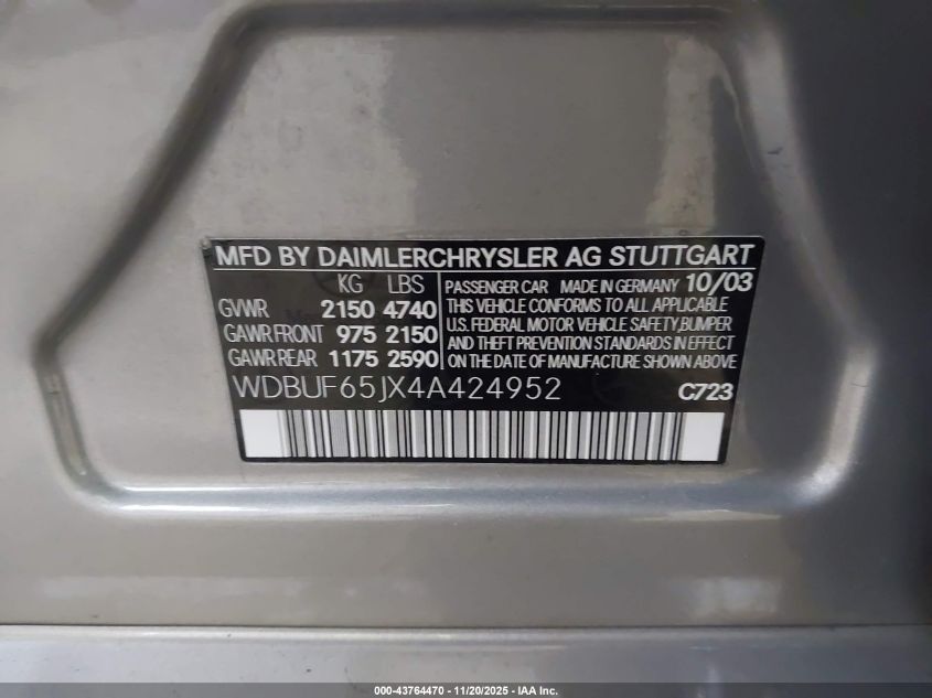 2004 Mercedes-Benz E 320 VIN: WDBUF65JX4A424952 Lot: 43764470