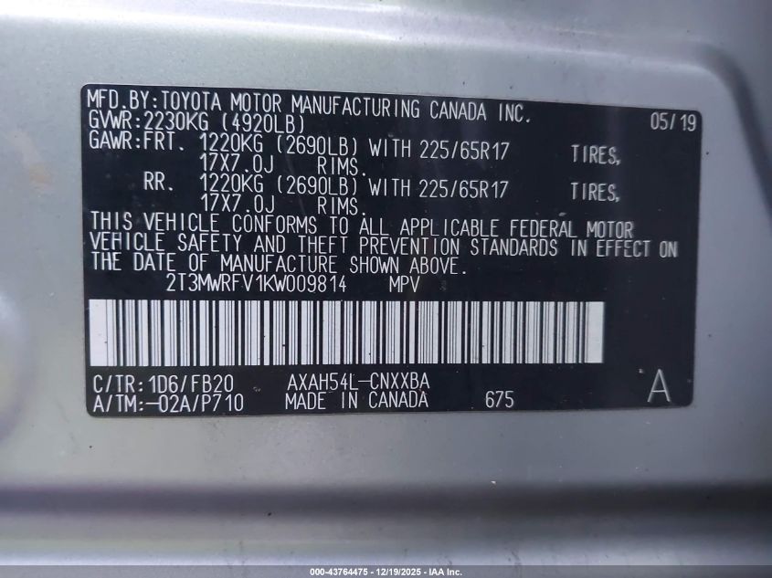 2019 Toyota Rav4 Hybrid Le VIN: 2T3MWRFV1KW009814 Lot: 43764475