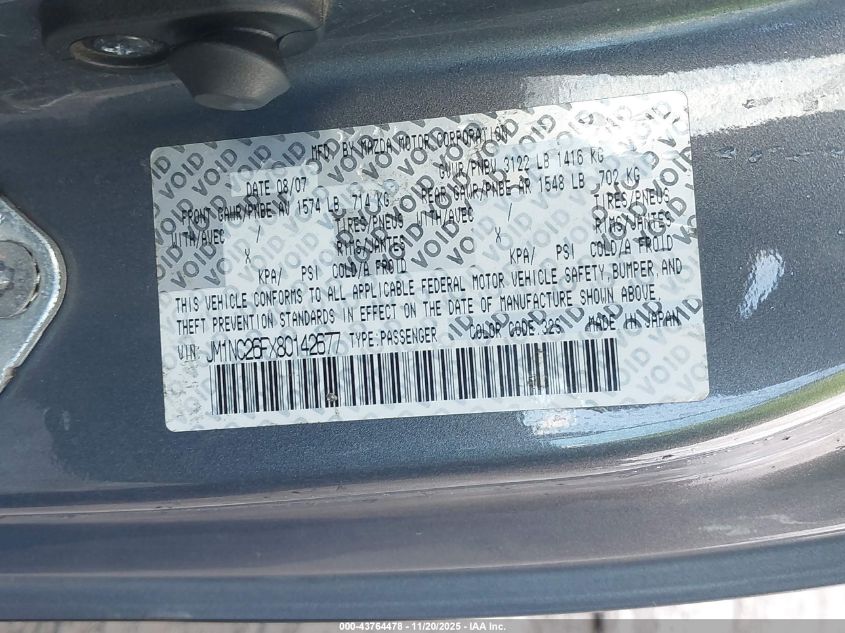 2008 Mazda Mx-5 Grand Touring VIN: JM1NC26FX80142677 Lot: 43764478