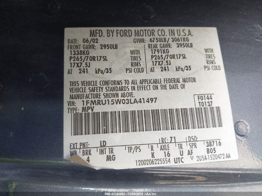 2003 Ford Expedition Xlt VIN: 1FMRU15W03LA41497 Lot: 43764482