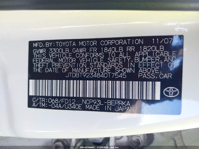 2008 Toyota Yaris VIN: JTDBT923484017545 Lot: 43764487