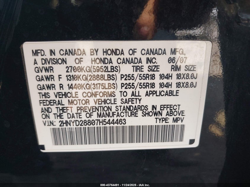 2007 Acura Mdx Sport Package VIN: 2HNYD28807H544463 Lot: 43764491