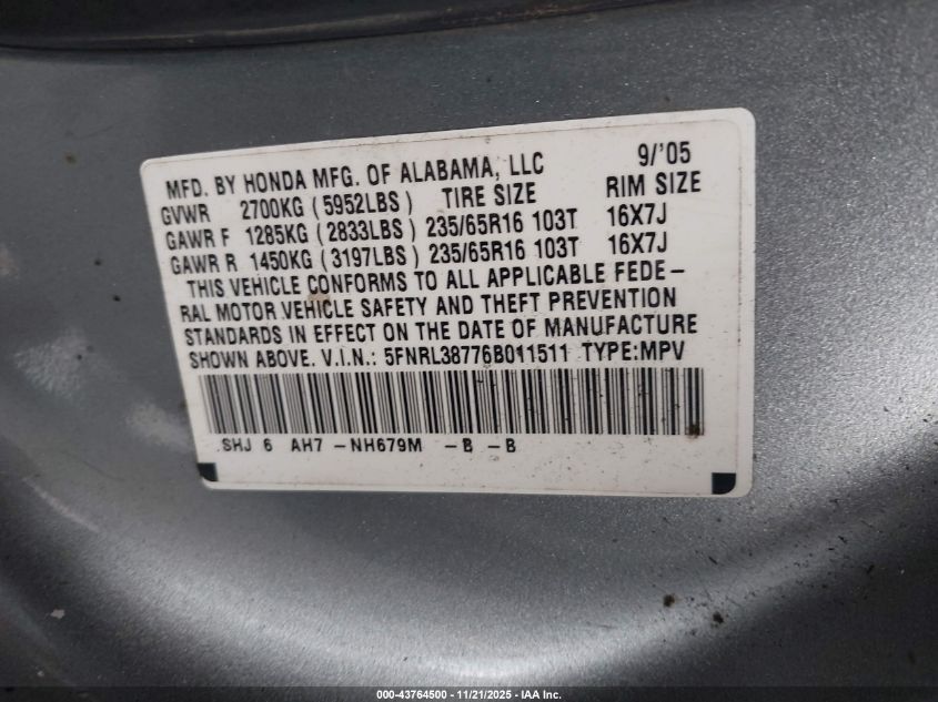 2006 Honda Odyssey Ex-L VIN: 5FNRL38776B011511 Lot: 43764500