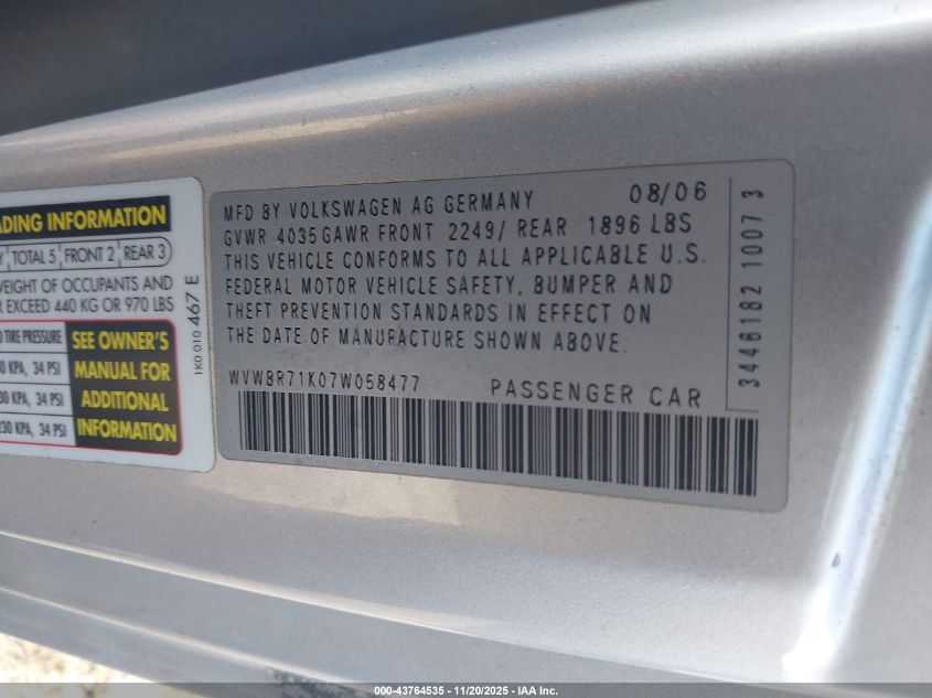 2007 Volkswagen Rabbit 2-Door VIN: WVWBR71K07W058477 Lot: 43764535