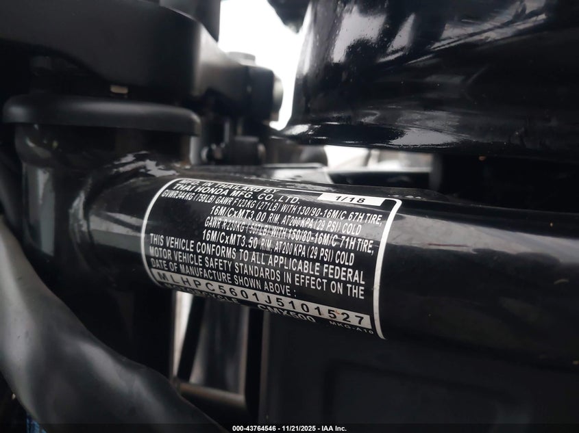 2018 Honda Cmx500 VIN: MLHPC5601J5101527 Lot: 43764546