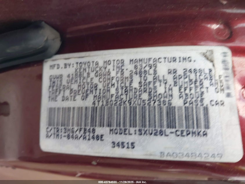 1999 Toyota Camry Le VIN: 4T1BG22K9XU527306 Lot: 43764555