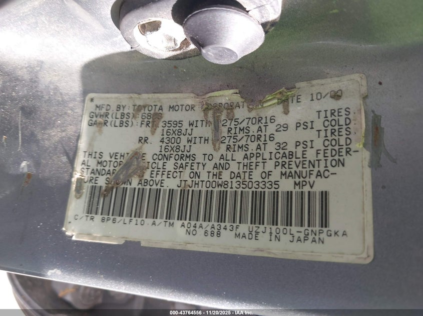 2001 Lexus Lx 470 VIN: JTJHT00W813503335 Lot: 43764556