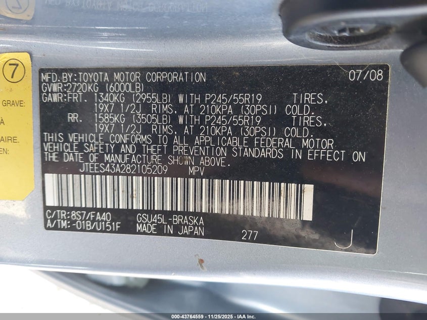 2008 Toyota Highlander Sport VIN: JTEES43A282105209 Lot: 43764559