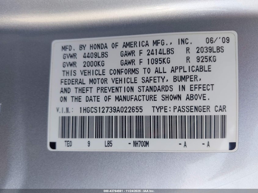 2009 Honda Accord 2.4 Ex VIN: 1HGCS12739A022655 Lot: 43764561