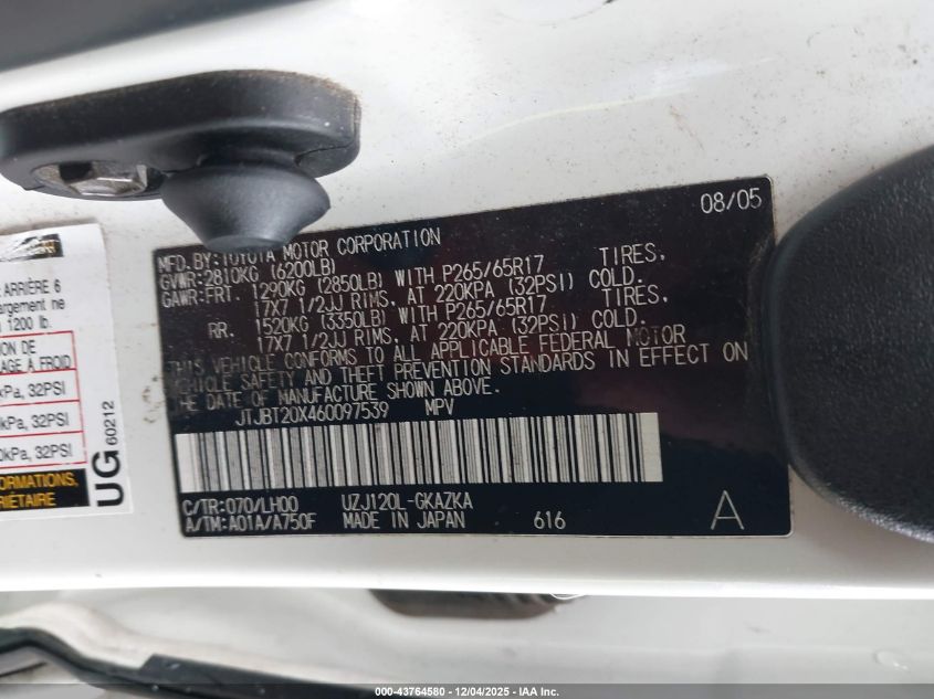 2006 Lexus Gx 470 VIN: JTJBT20X460097539 Lot: 43764580