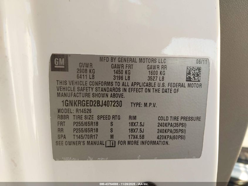 2011 Chevrolet Traverse 1Lt VIN: 1GNKRGED2BJ407230 Lot: 43764588