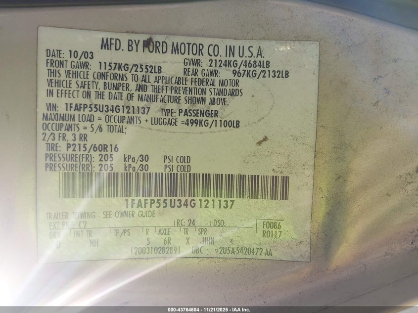 2004 Ford Taurus Ses VIN: 1FAFP55U34G121137 Lot: 43764604