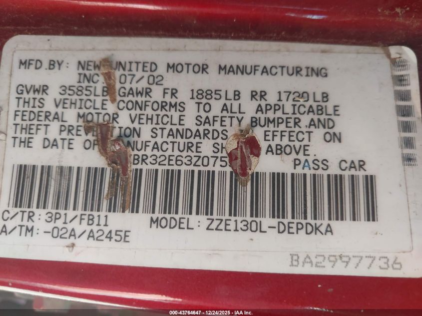 2003 Toyota Corolla Ce VIN: 1NXBR32E63Z075948 Lot: 43764647