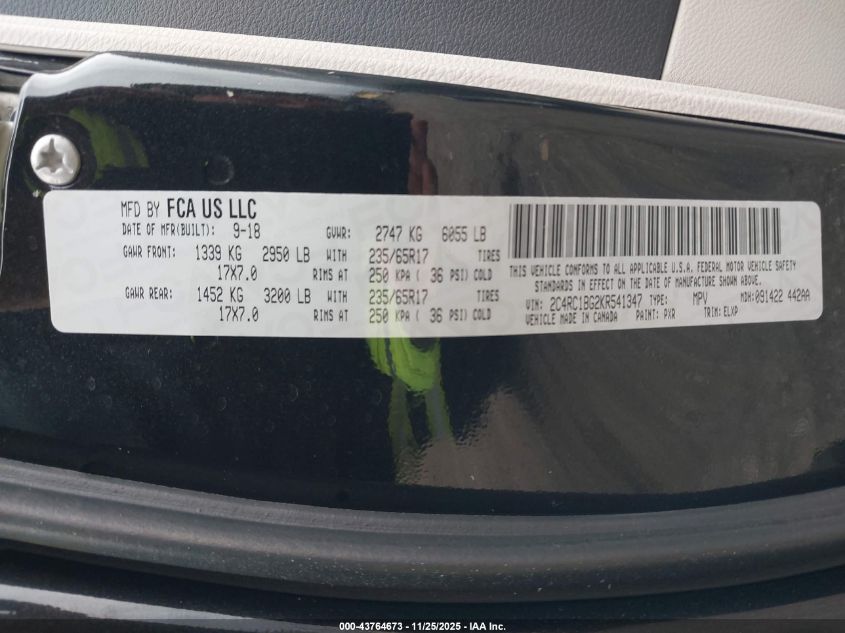 2019 Chrysler Pacifica Touring L VIN: 2C4RC1BG2KR541347 Lot: 43764673