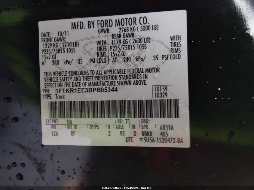 2011 Ford Ranger Sport VIN: 1FTKR1EE3BPB05344 Lot: 43764675