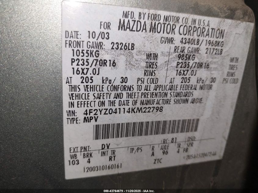 2004 Mazda Tribute Lx V6 VIN: 4F2YZ04114KM22798 Lot: 43764679